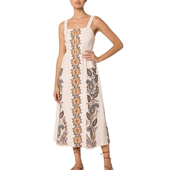 Cleobella Jolene Veneto Paisley Ivory Ankle Midi Linen Dress Boho Indie Cottage - Picture 1 of 16